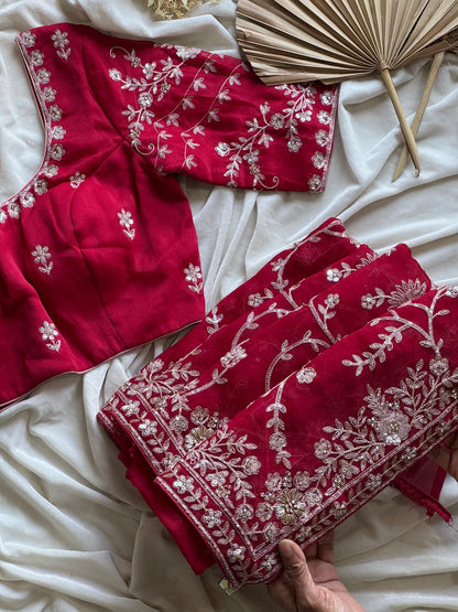 Cherry Aari Work And Handwork saree with stitched Luxe blouse