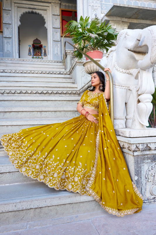 Vichitra silk mustard Haldi lehenga
