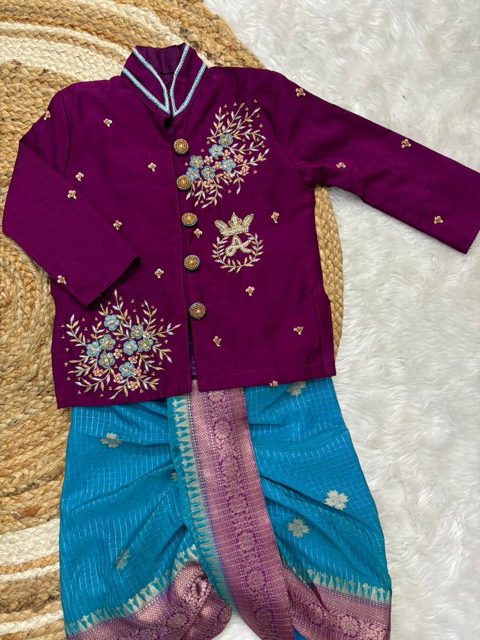 Banaras Silk Kids Wear with Maggam Handwork with boys dhoti with kurta sets