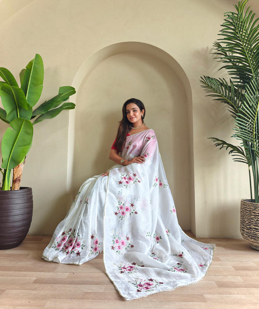 Crushed saree embroidery handwork with stitched blouse