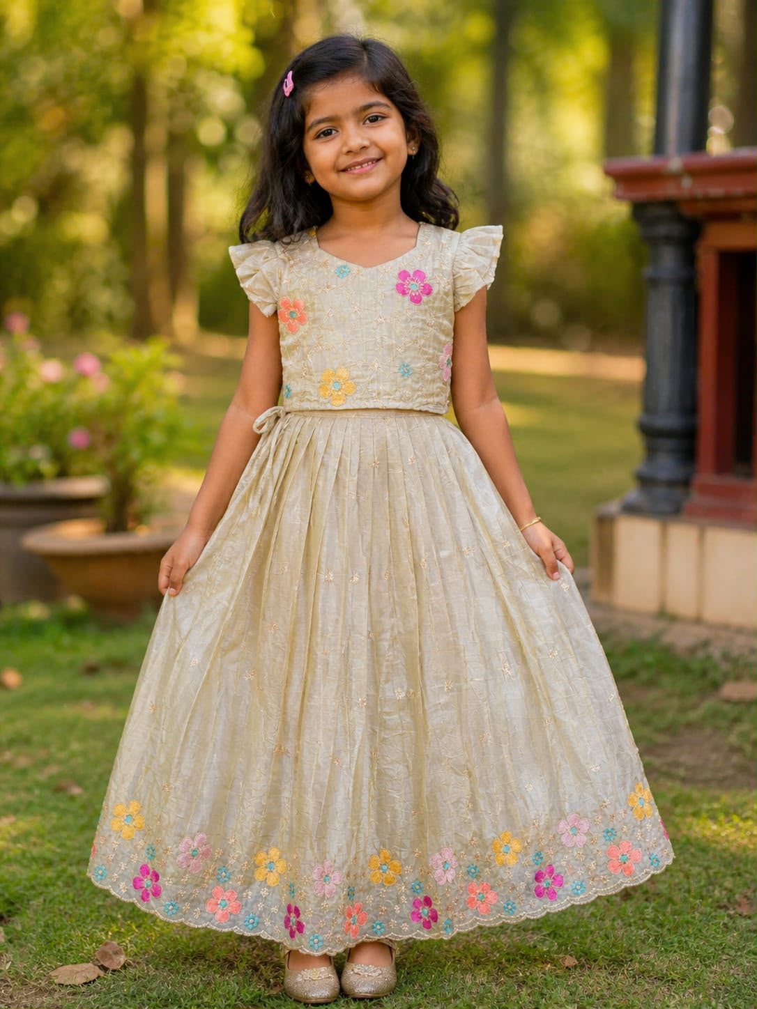 Cute ruffle skirt floral embroidered kids sets