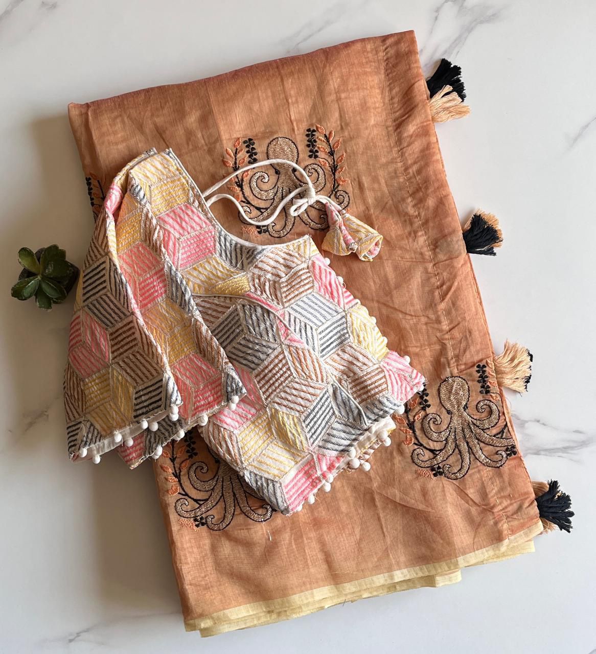 Octopus embroidery saree with stitched blouse