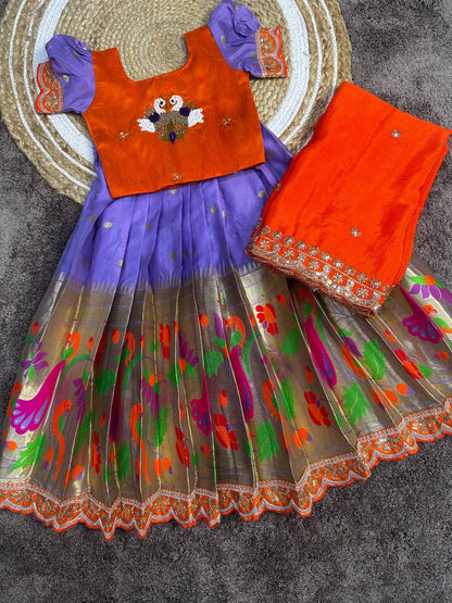 Cute paithani silk zari weaving kids sets