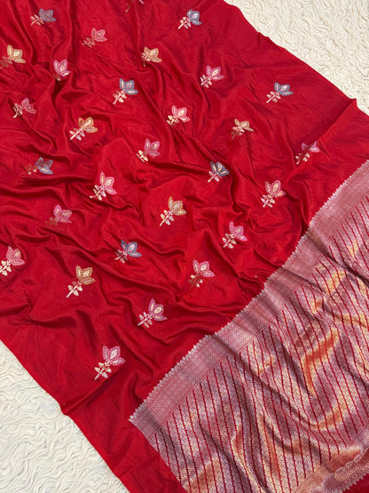 Semi pattu traditional gold zari red minakari  saree