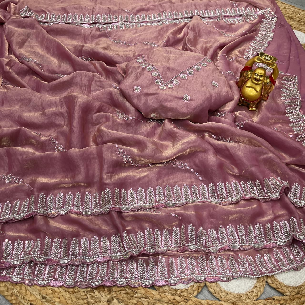 Luxurious Space Silk Saree with Original Beads Handwork