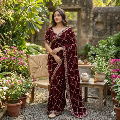 Luxe grand party beeds work velvet shine saree