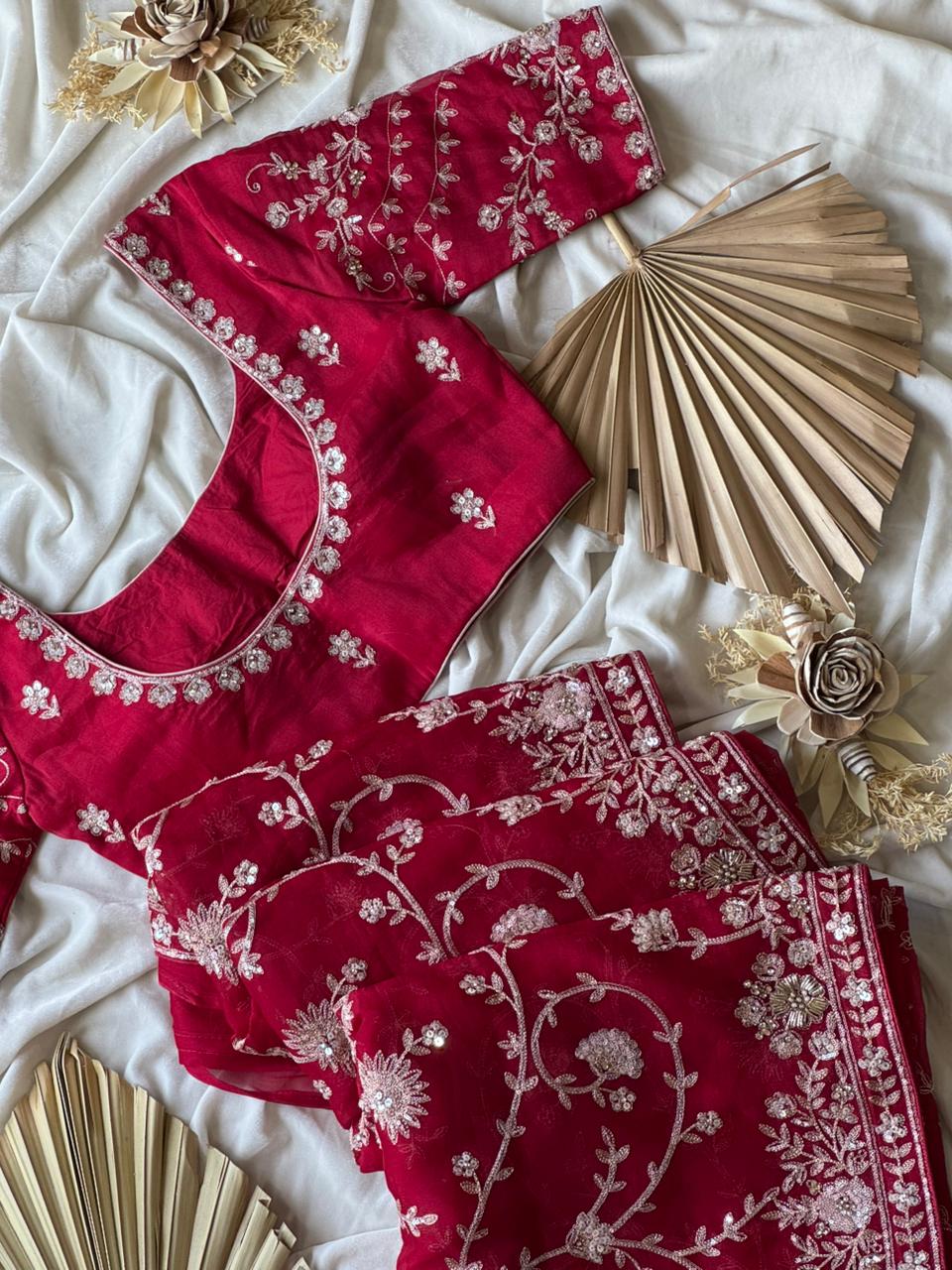 Cherry Aari Work And Handwork saree with stitched Luxe blouse