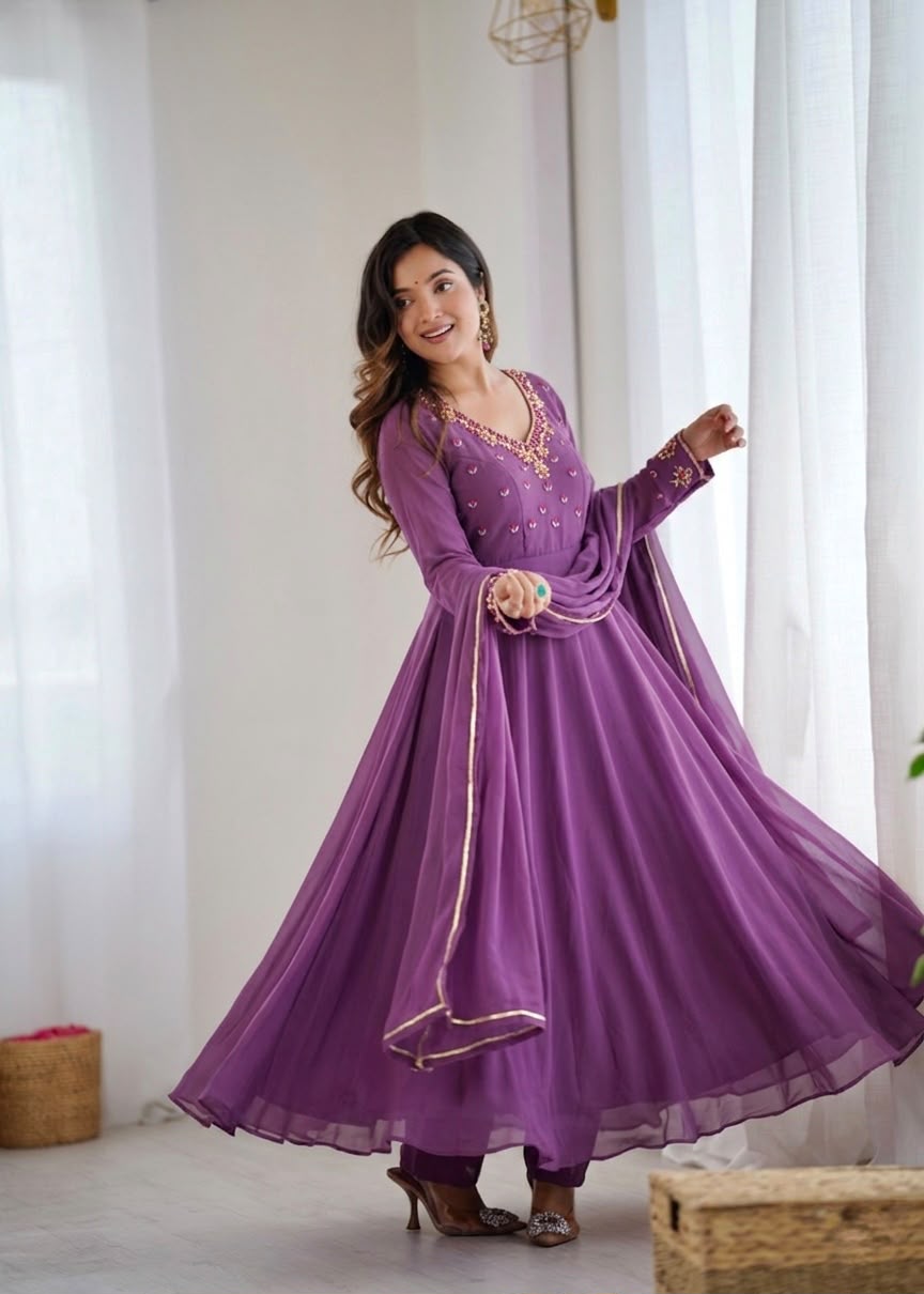Georgette handwork party pastel colour gown