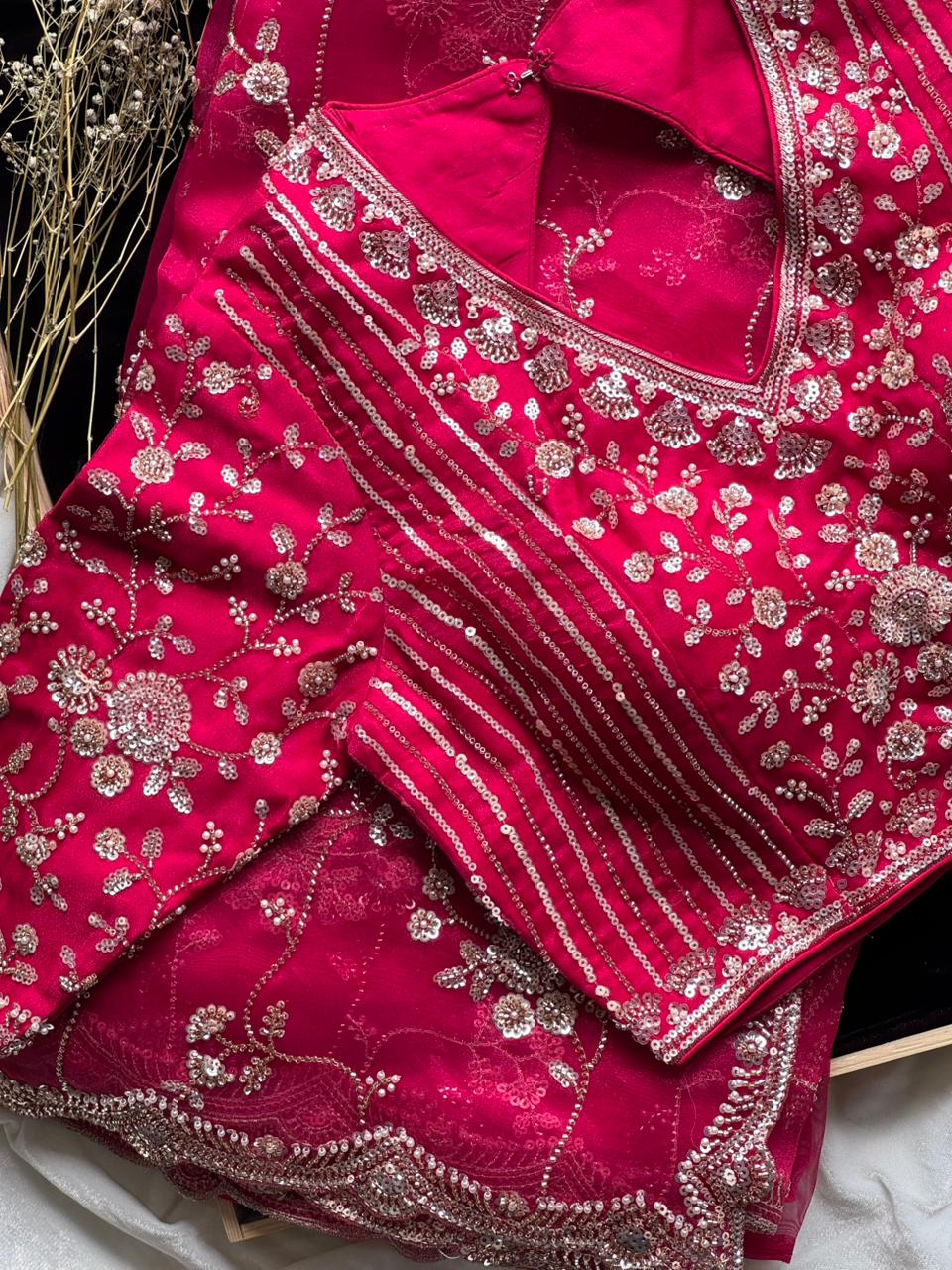 Raspberry Luxe Coctail Handwork saree with stitched blouse