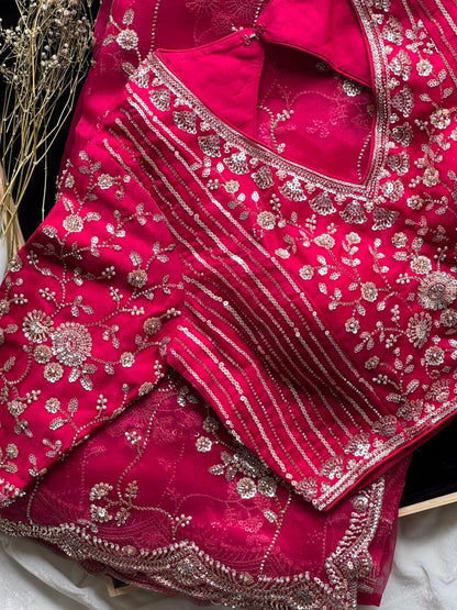 Raspberry Luxe Coctail Handwork saree with stitched blouse