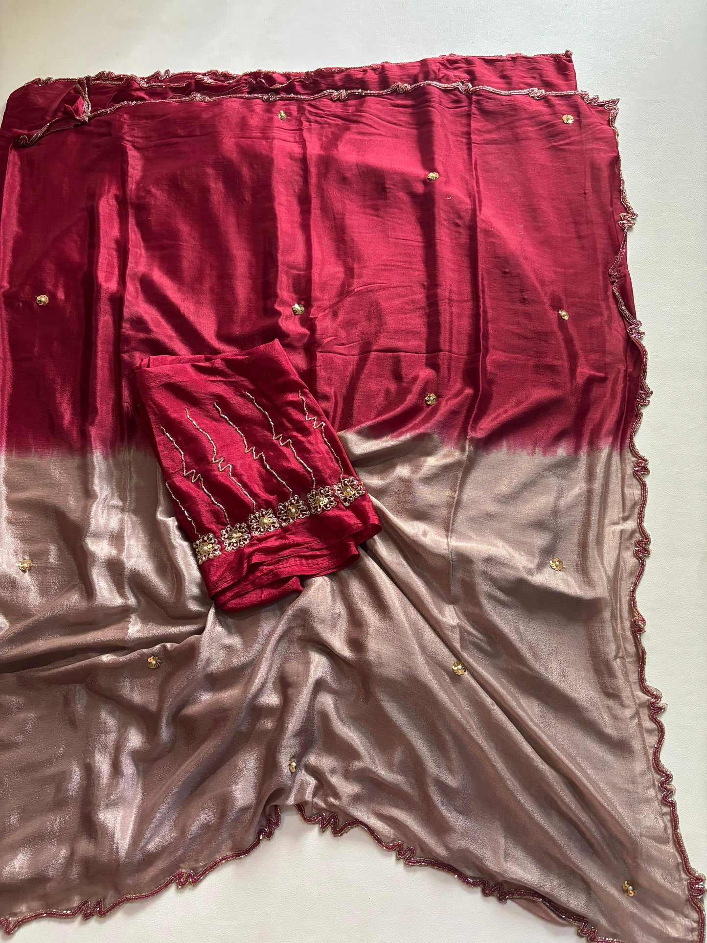 Trendy dyeing Chinon two shades with 3 layers curdana sarees