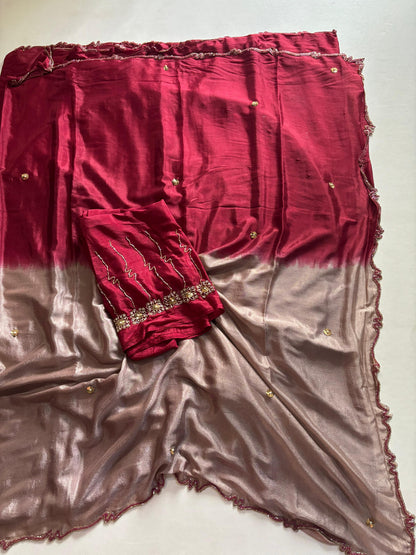 Trendy dyeing Chinon two shades with 3 layers curdana sarees