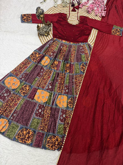 Vichitra silk with muslin handwork cafe gowns