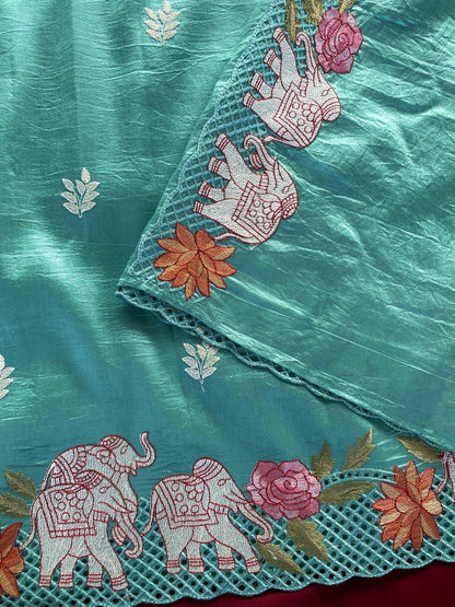 Tussar embroidered hole work premium traditional saree