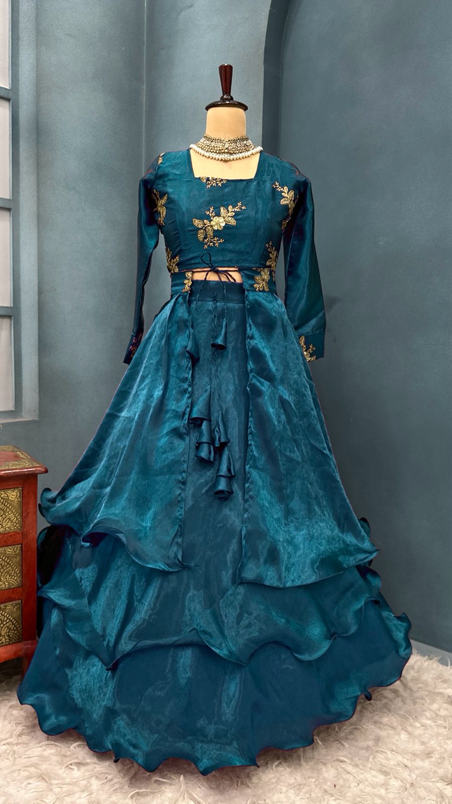 4 in one Burberry satin Peplum Desginer lehenga