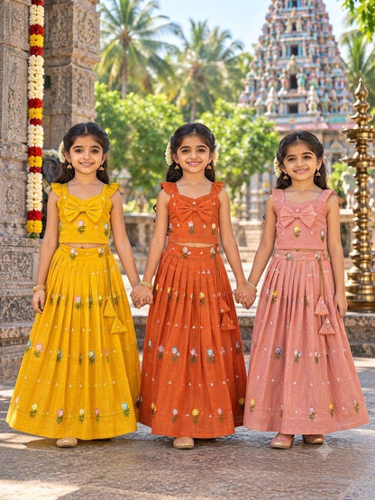 Kids Mul Chanderi embroidery cotton cut flower sets
