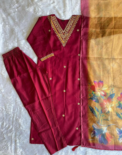 Roman silk party wear Embroidery Maroon kurti set