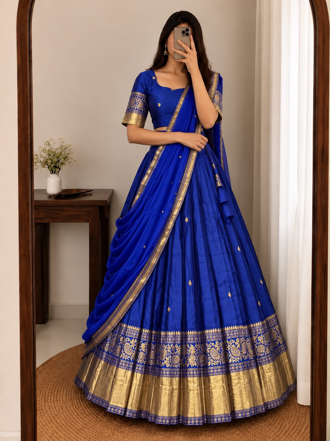Kanchipattu  silk full stitched Lehenga blooming rangoli designer lehenga