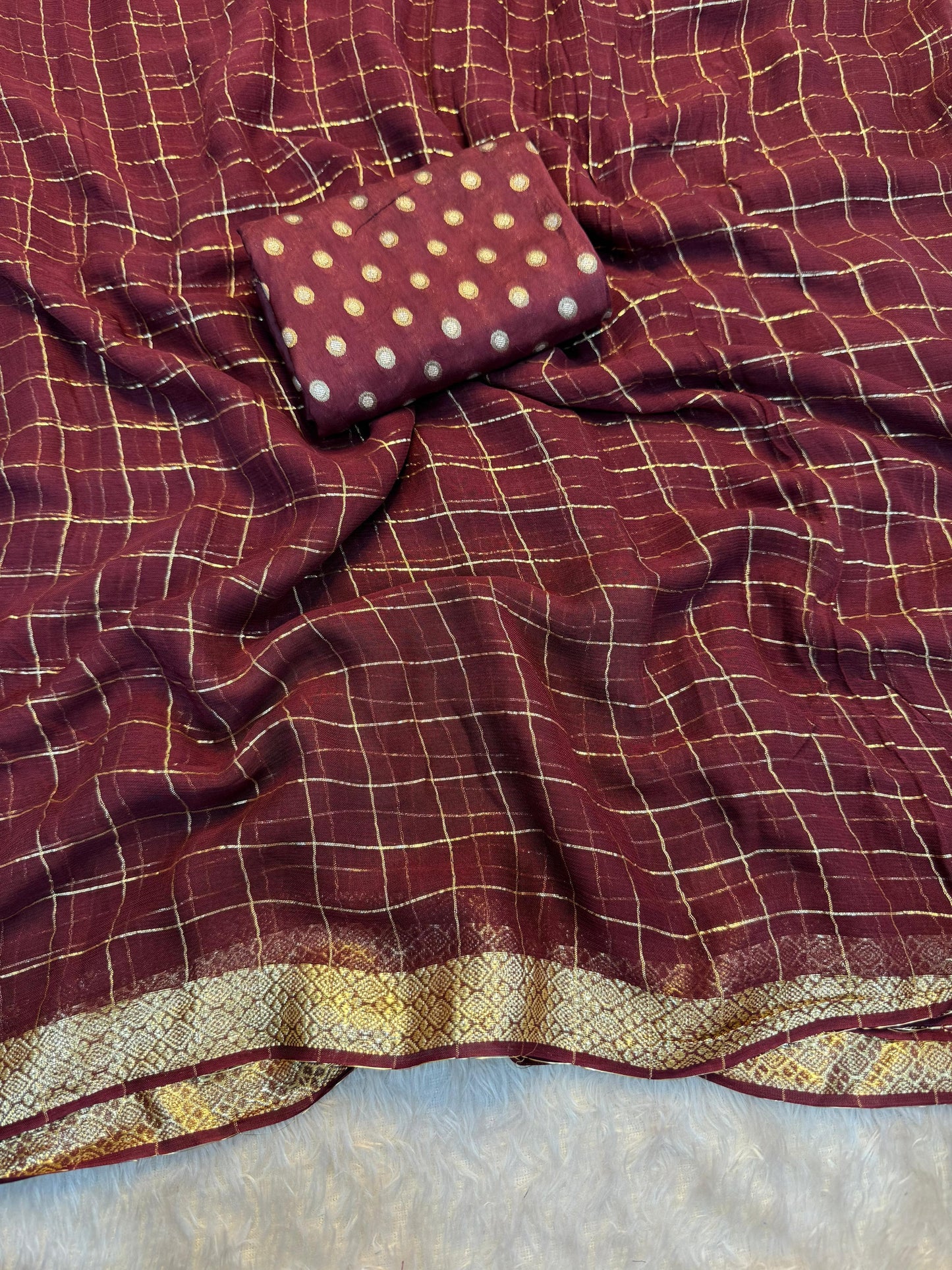 Trendy pure soft checks Chinon saree