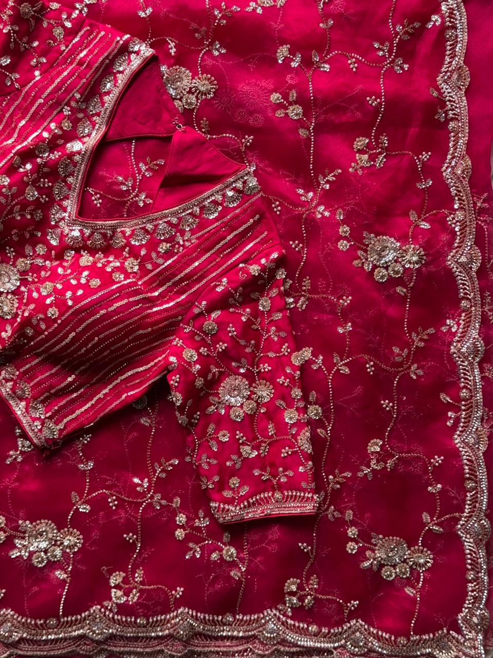 Raspberry Luxe Coctail Handwork saree with stitched blouse