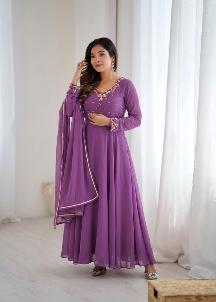Georgette handwork party pastel colour gown