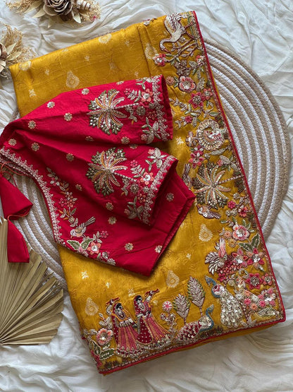 Luxe Dola Silk coding  work Multi
Saree with stitched blouse