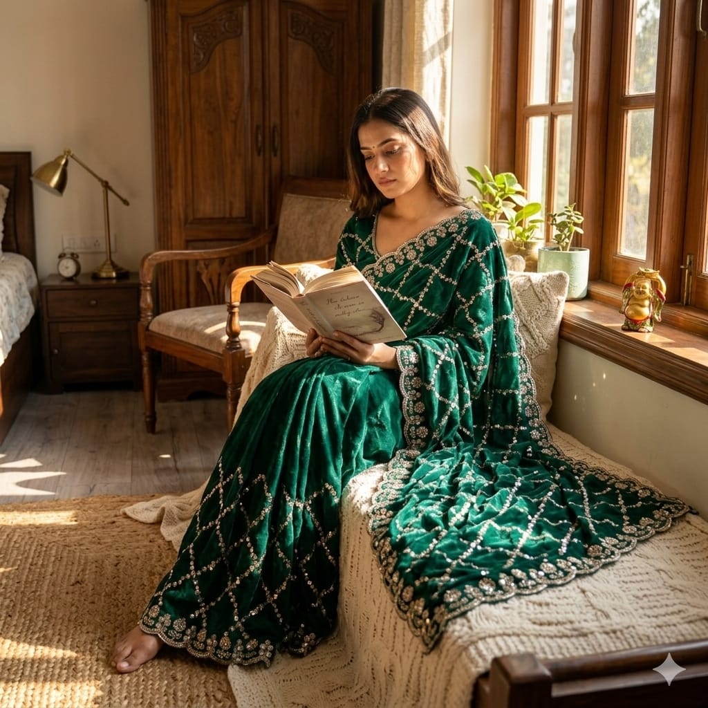 Luxe grand party beeds work velvet shine saree