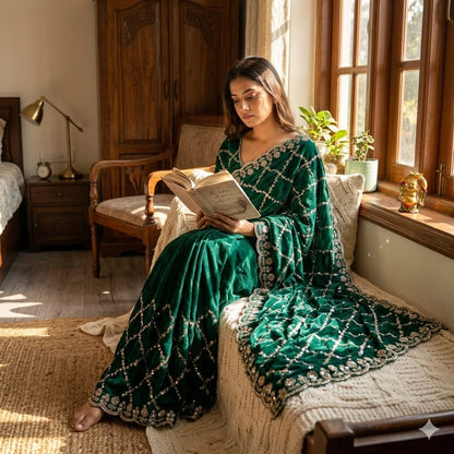 Luxe grand party beeds work velvet shine saree