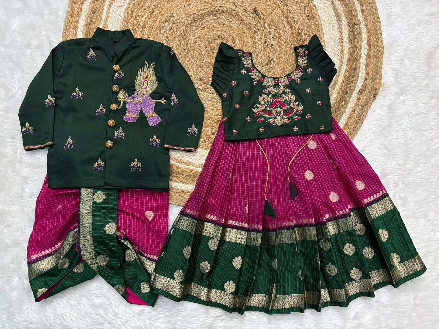 Kids Maggam Banarasi Pure Maggam work Bother kurta with dhoti  and sister combo