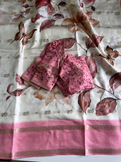 Premium Silk Saree with elegant print on all over the saree with comes stitched Blouse