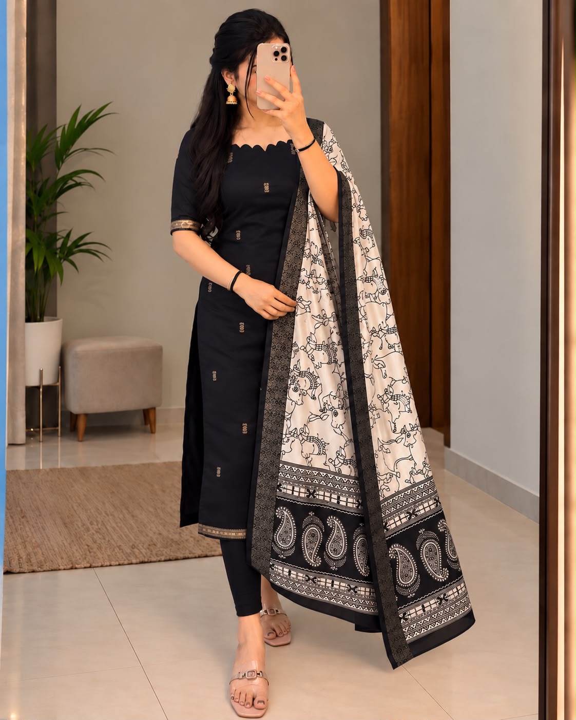 Mangalagiri Butta Silk cotton Top with Chennuri Silk Kalamkari Dupatta kurti sets