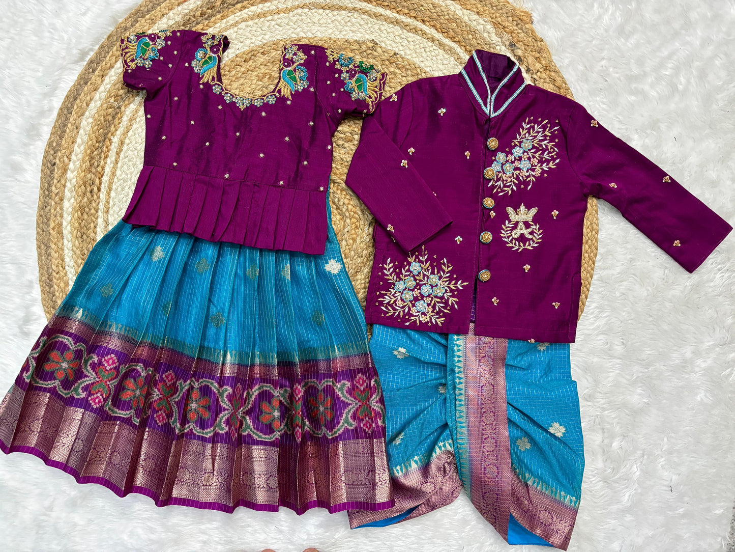 Banaras Silk Kids Wear with Maggam Handwork with boys dhoti with kurta sets