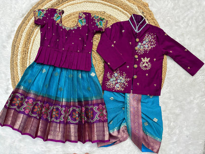 Banaras Silk Kids Wear with Maggam Handwork with boys dhoti with kurta sets