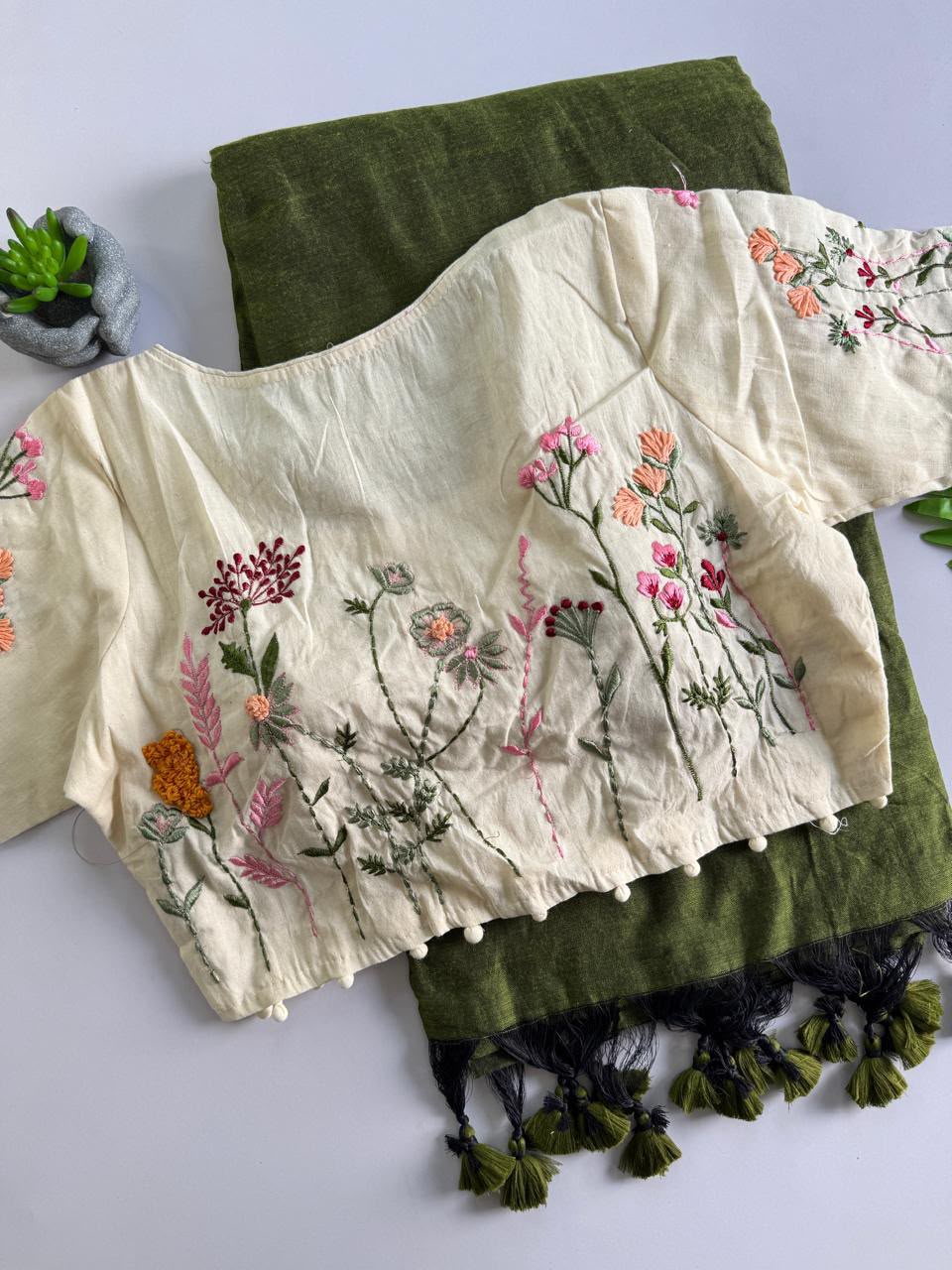 Cotton saree with stitched blouse