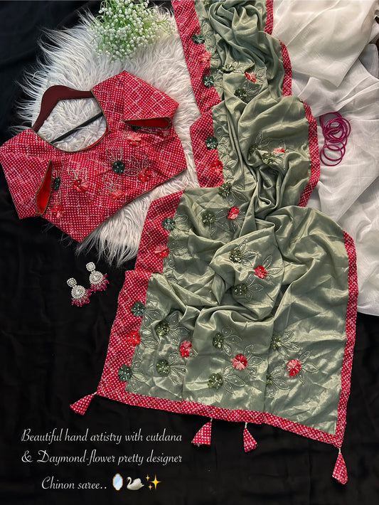 Multy Cutdana Desginer saree with stitched blouse