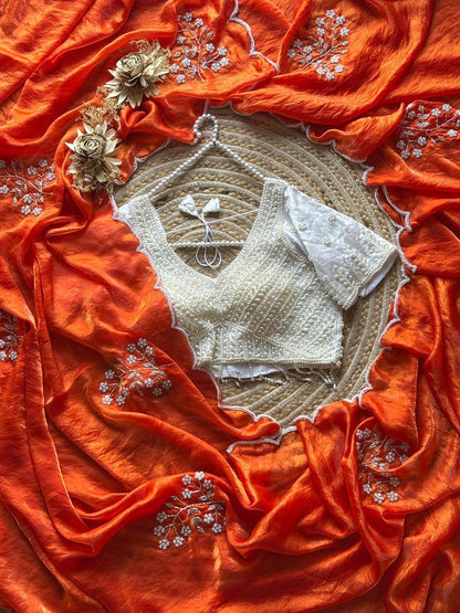 Space silk Designer saree with pearl stitching blouse