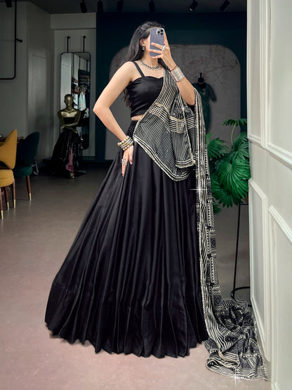 Moonga Silk Fabric with a Beautiful Printed Satin Dupatta Designer lehenga