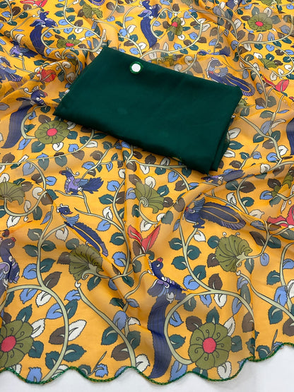 Budget Georgette scallop border saree with mirror saree
