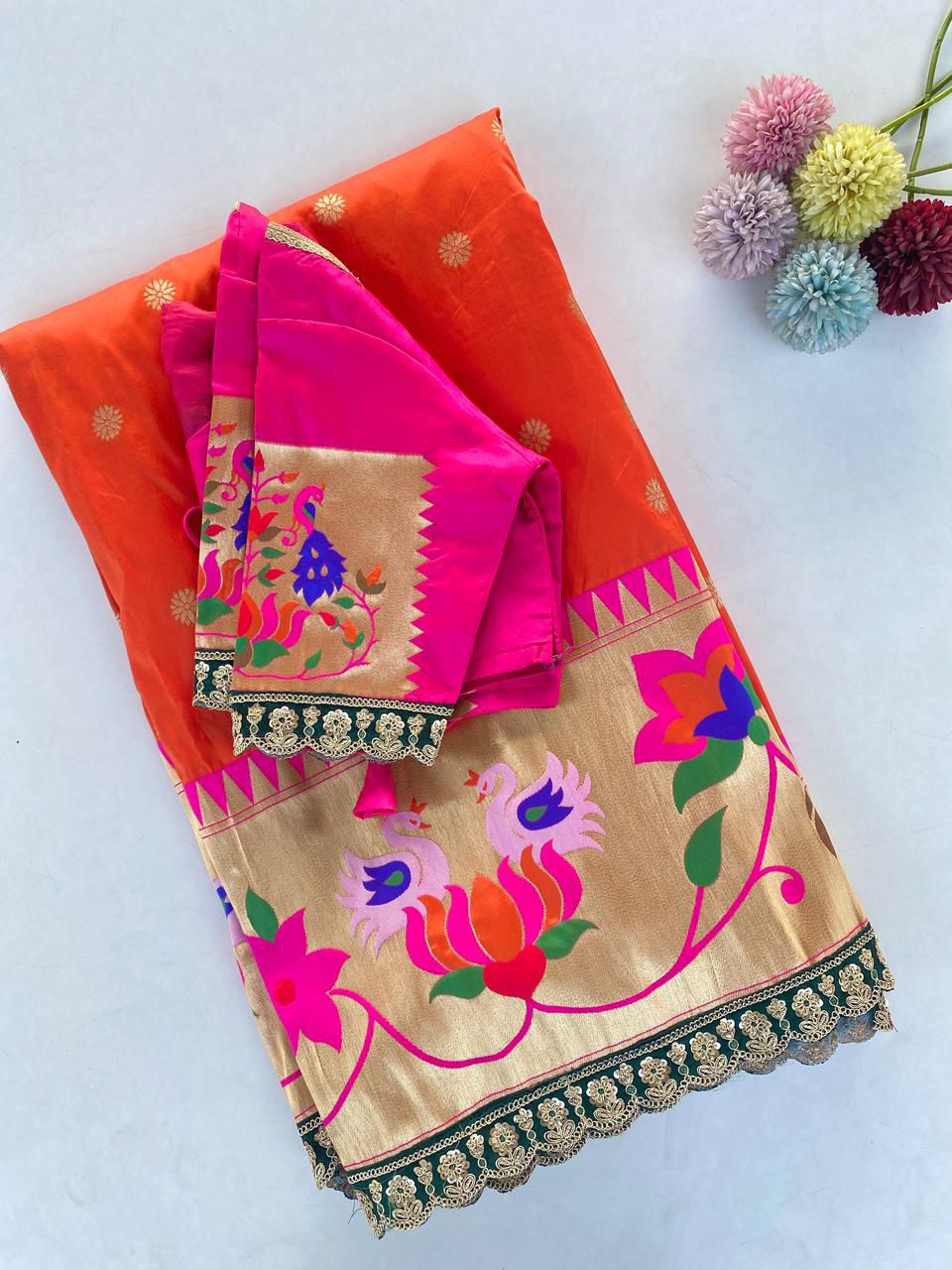 Paithani  orange saree with stitched Blouse
