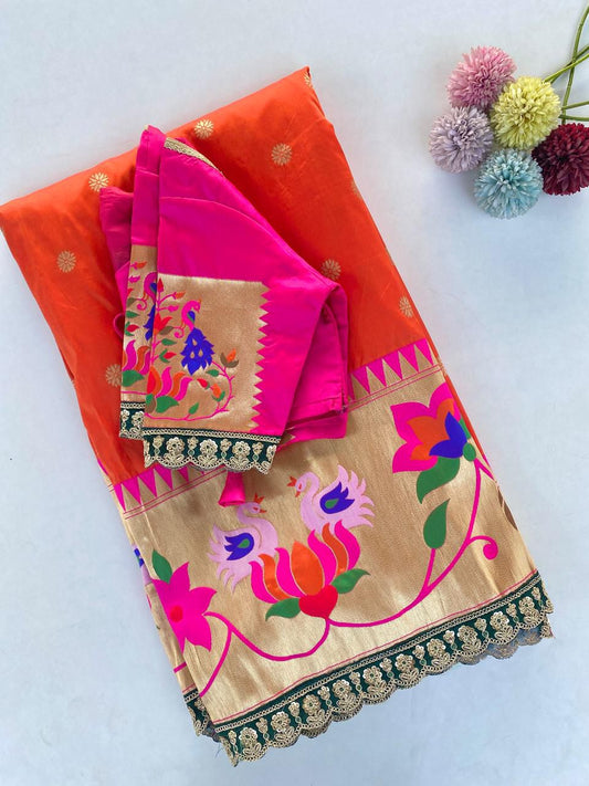 Paithani  orange saree with stitched Blouse