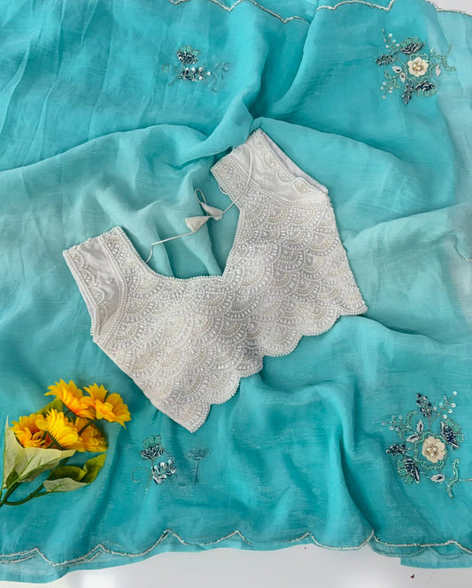 Crunchy handwork khatli saree with pearl  stitched blouse