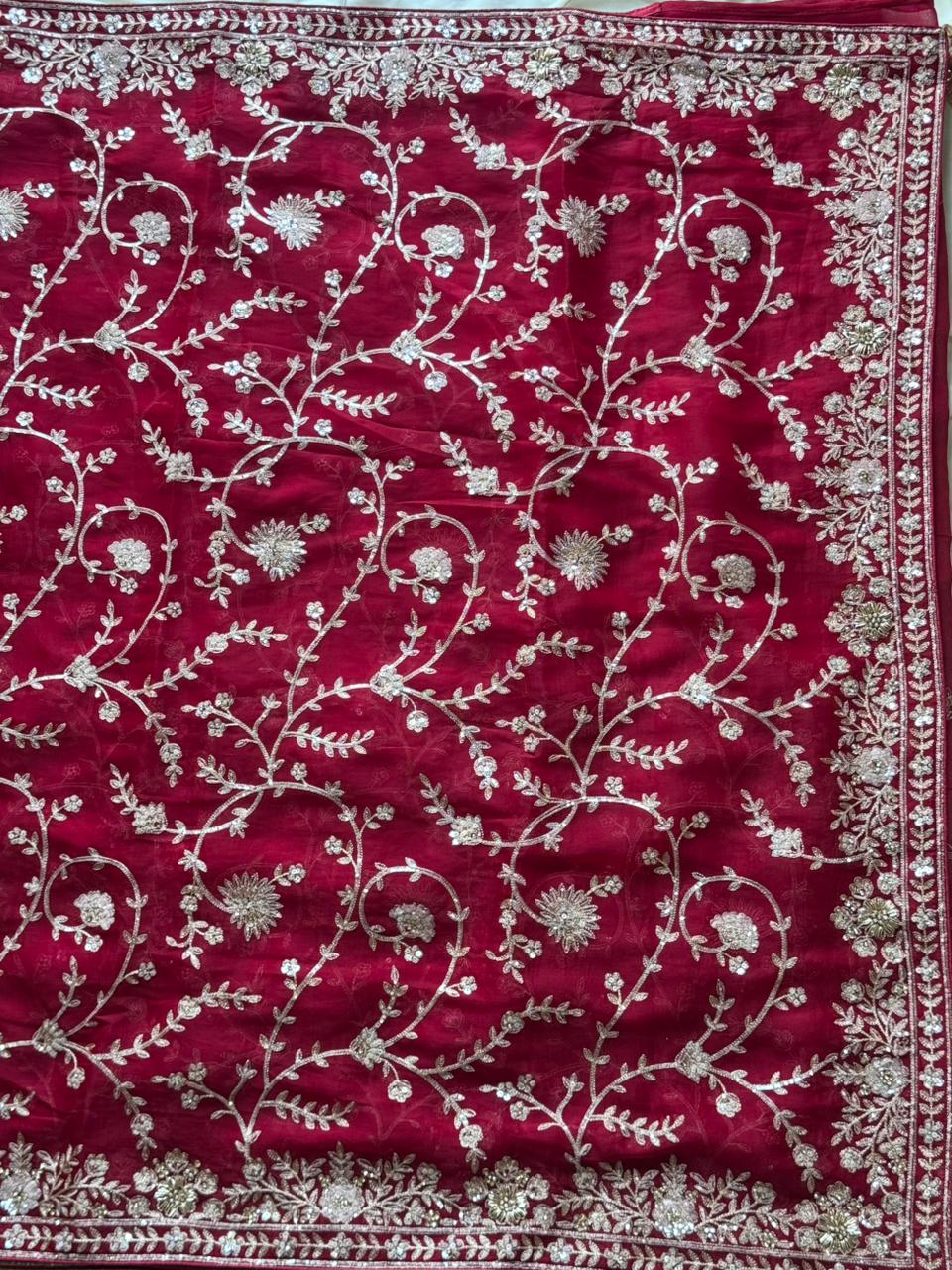 Cherry Aari Work And Handwork saree with stitched Luxe blouse