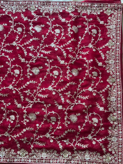 Cherry Aari Work And Handwork saree with stitched Luxe blouse
