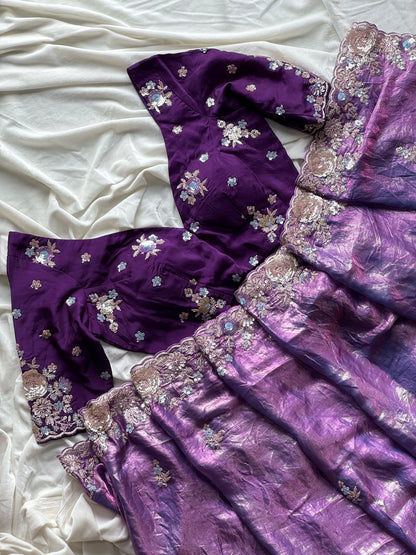 Pure space silk saree with pure  Luxe coding work saree stitched blouse