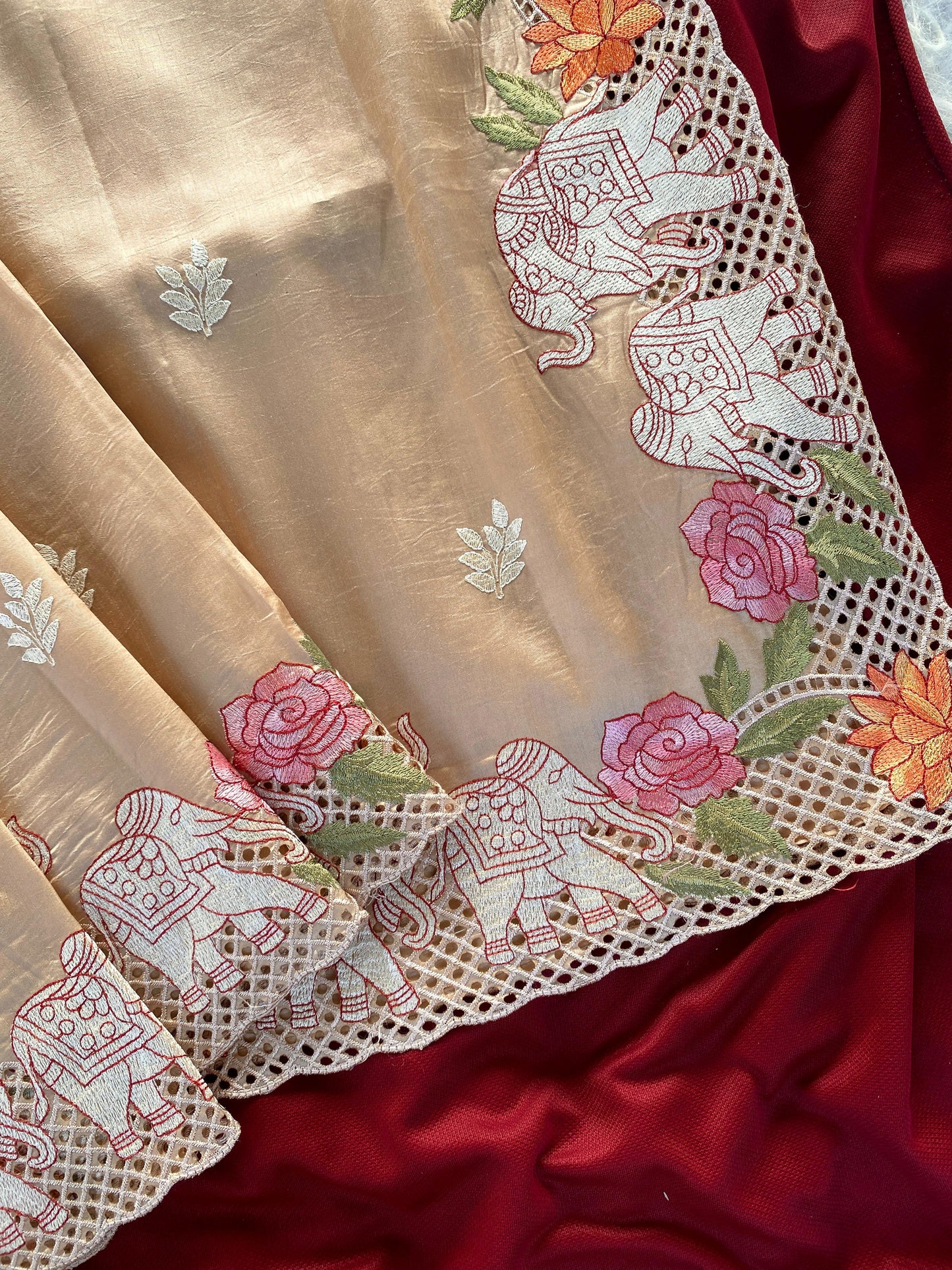 Tussar embroidered hole work premium traditional saree