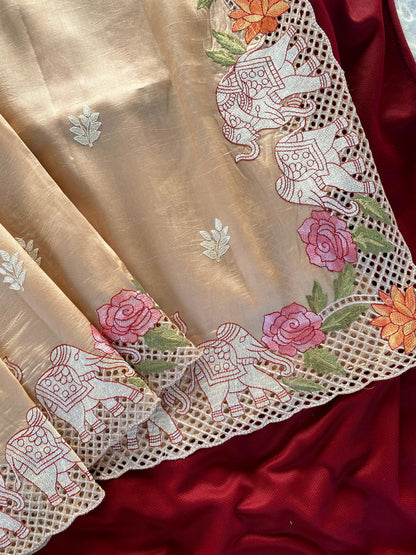 Tussar embroidered hole work premium traditional saree
