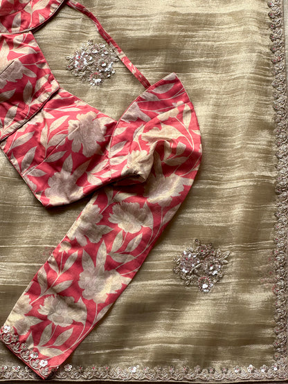 Salsa crunchy silk saree with stitched blouse