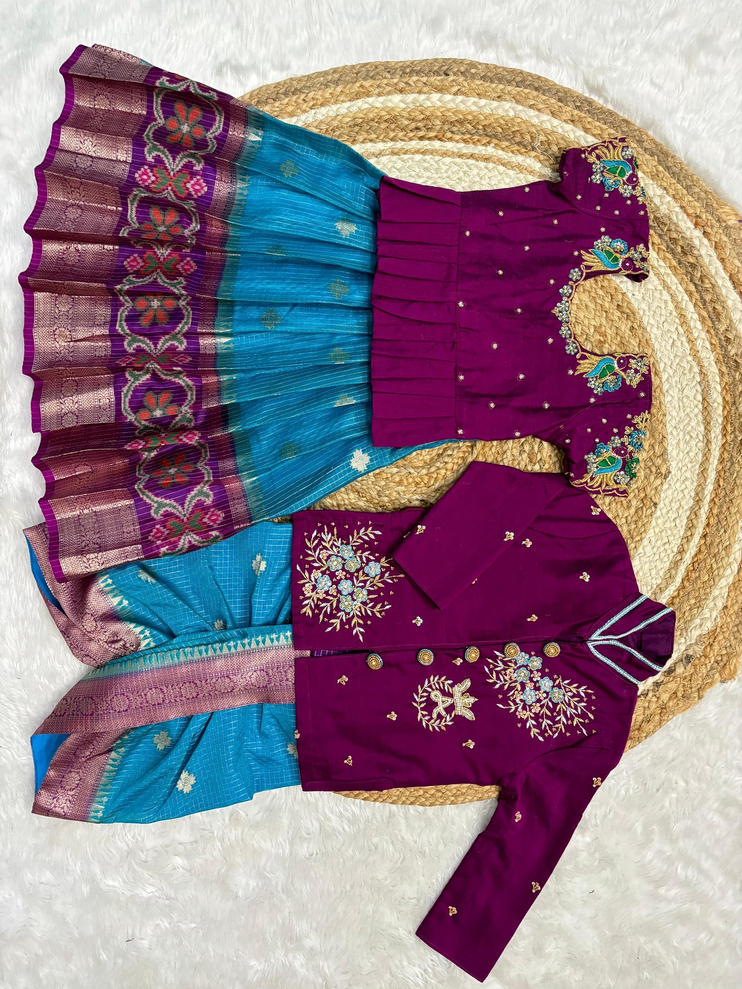 Banaras Silk Kids Wear with Maggam Handwork with boys dhoti with kurta sets