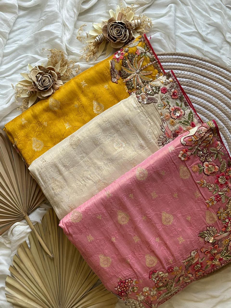 Luxe Dola Silk coding  work Multi
Saree with stitched blouse