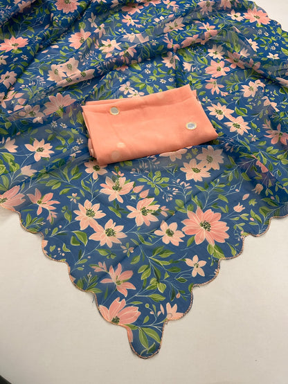 Budget Georgette scallop border saree with mirror saree